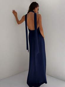 Aloruh Váy chiffon hở lưng cổ chữ V sâu cho nữ kèm dây thắt lưng cho tiệc cưới ngày lễ, xuân hè - Màu xanh hải quân - Xem 3