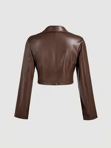 SHEIN MOD Women's Fashion Street Chic PU Leather Lapel Collar Cropped Jacket And Fold Pleated Hem Single-Breasted Camisole Dress Set, Autumn - Brown - View 4