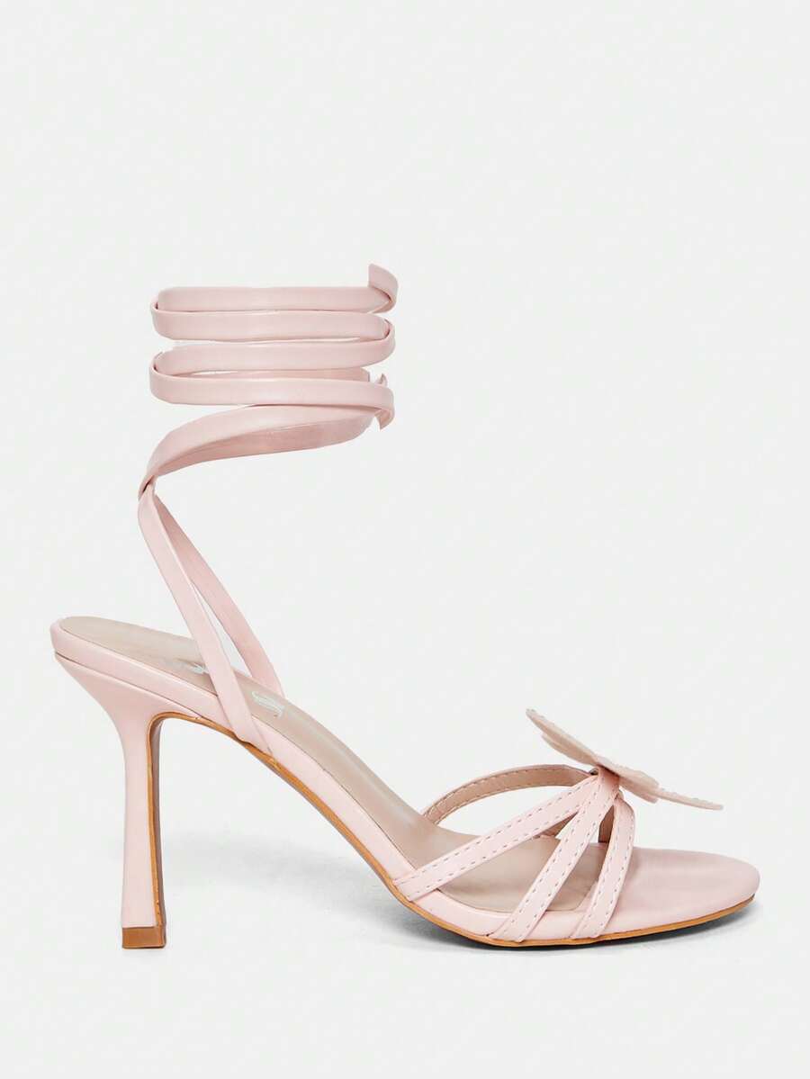 女士水钻装饰3D立体花卉优雅高跟凉鞋 - 淺粉色 - 查看 1