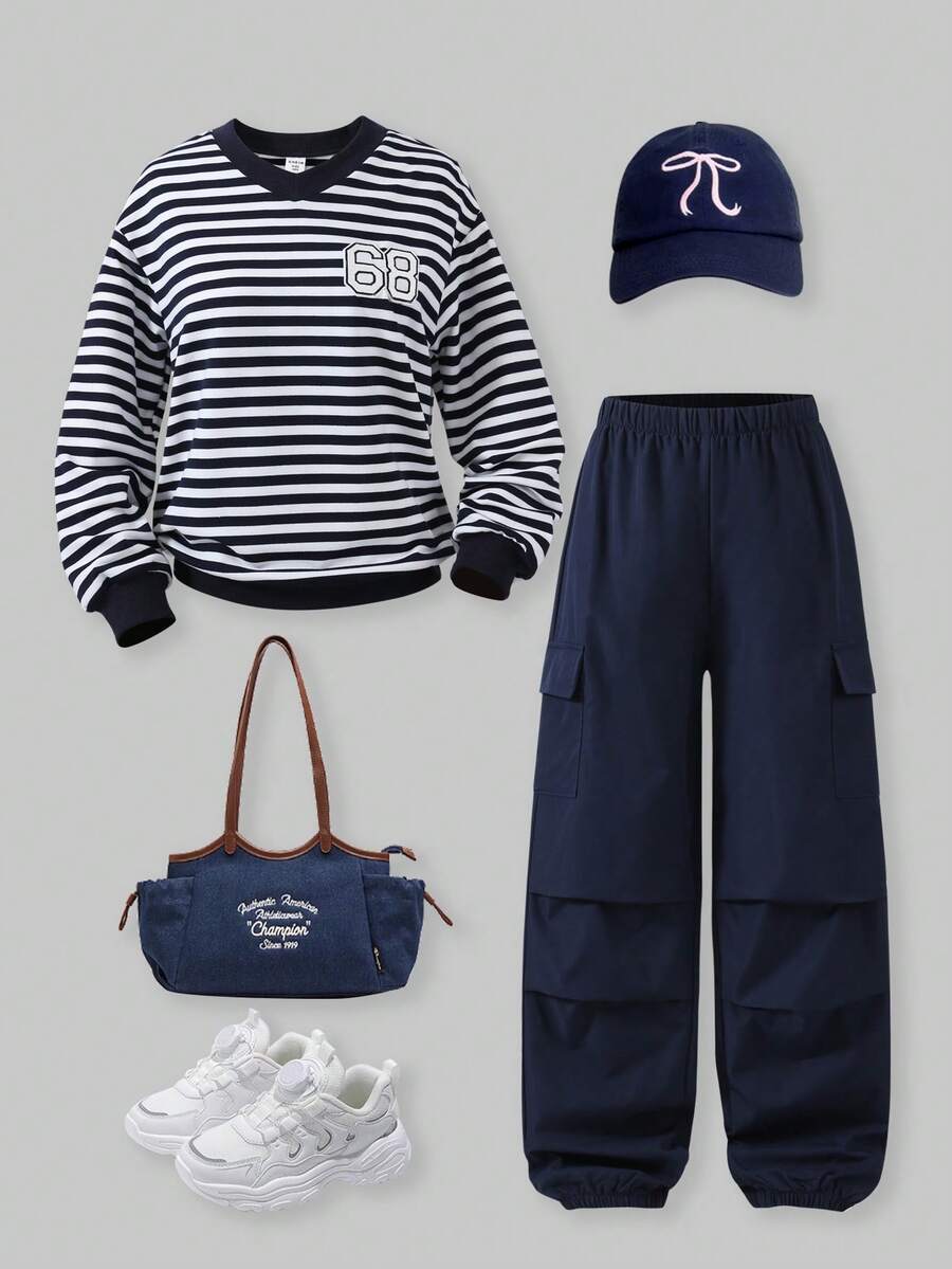 SHEIN Explorewe 女童休闲条纹卫衣和裤子套装,适合秋冬季日常休闲、上学、户外、运动 - 藍色 - 查看 1