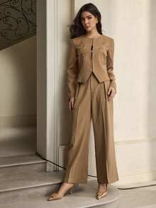 ZEYLAH Women's Embroidered Beaded Long Sleeve Fashion Jacket - Khaki - View 5