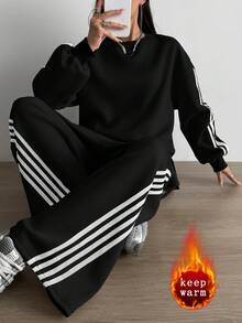 Aidyla 2pcs Set Contrast Color Striped Fleece Hoodie Sweatshirt, Fashionable Street Style - Black - View 7