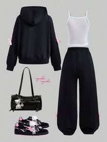 SHEIN Explorewe Conjunto de 3 peças com estampa de laço para meninas pré-adolescentes, blusa, calça e jaqueta, outono e inverno - Preto - Ver 2