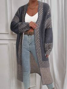 Chiquease 女士休闲宽松条纹落肩长袖针织开衫，秋冬 - 深灰色 - 查看 5