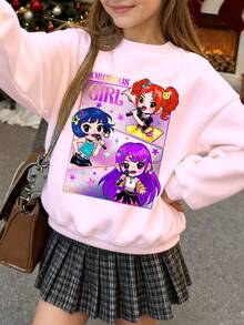 Tween Girls'light Purple K-POP Anime Cartoon Girl Portrait Pattern Sweatshirt,Cute Back-To-School Autumn School Thick Soft Long Sleeve Crew Neck - Multicolor - View 4