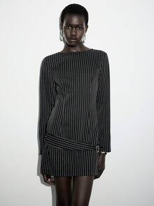 Lumivelle 女士时尚条纹圆领低腰带长袖修身连衣裙 - 黑色 - 查看 4