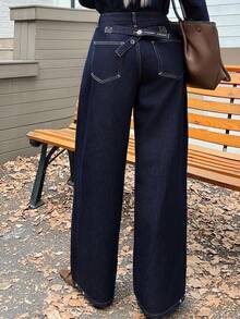 DAZY Solid Color Loose Button Decor Ankle Cuff Straight Leg Black Jeans - Navy Blue - View 3