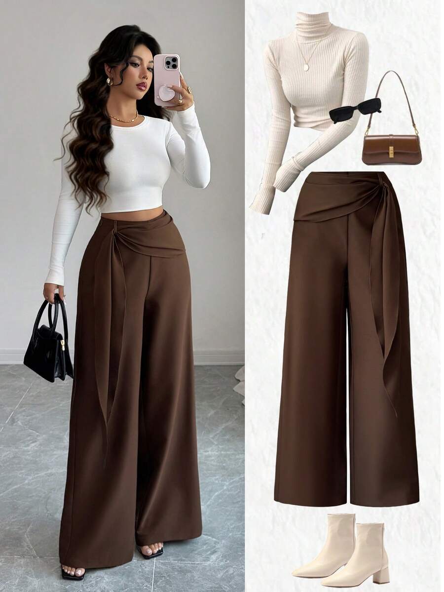 Elenzga New Women's Woven Twill Side Zipper Belt Flared Design Spring/Autumn Casual Elegant Loose Fit Pants - Brown - View 1