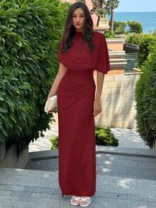 Aloruh Elegant Minimalist Commuter Fashion Elastic Waist Design Multilayer Ruffle Waist Ruffle Flattering Long Dress, Suitable For Work, Date, Vacation Red Elegant Dress Women - Red - View 4