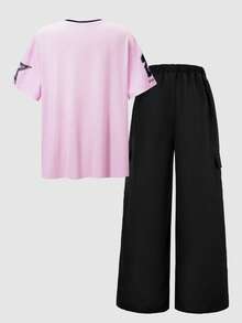 SHEIN ChillGRL Teen Girls' Digital Graphic Print V-Neck Short Sleeve Top T-Shirt And Solid Color Pocket Utility Pants 2-Piece Outfit, Spring/Summer Summer Holiday - Pink - View 2