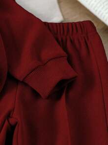 Genkimix Kids 男童简约纯灰色休闲翻领半拉链长袖上衣和配套长裤套装，适合外出、休闲和日常运动穿着。 - 酒紅色 - 查看 5