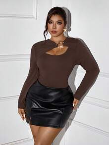 Femmeverse Plus Size Women Casual Loose Knit Bodysuit - Brown - View 3