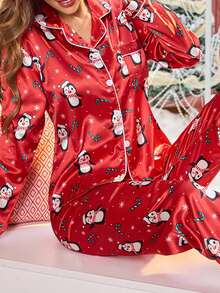 2 Piece Sets Women & Teen GirlElegant Plaid Satin Fabric Cardigan & Pants Casual Comfortable Pajama Set Teen Christmas Pajamas Teen Girl Clothes Teen Girl Sleep Wear - Red - View 5