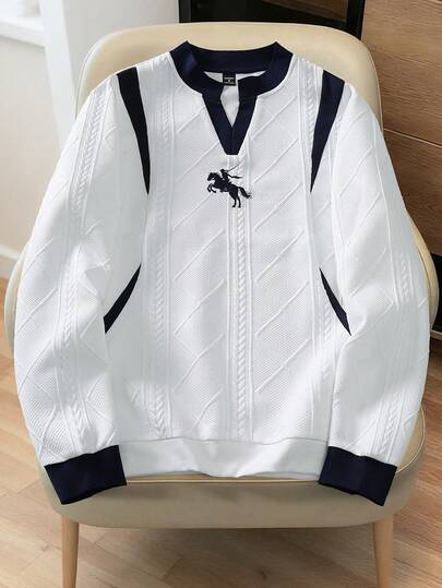 Manfinity Homme 男士骑士刺绣撞色长袖休闲宽松Polo衫，90年代运动风毛衣，男士网球Polo衫，针织衫