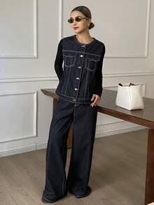 DAZY 西部牛仔风宽松圆领无袖外套，直筒阔腿裤休闲牛仔两件套，女士秋冬装 - 藍色 - 查看 5