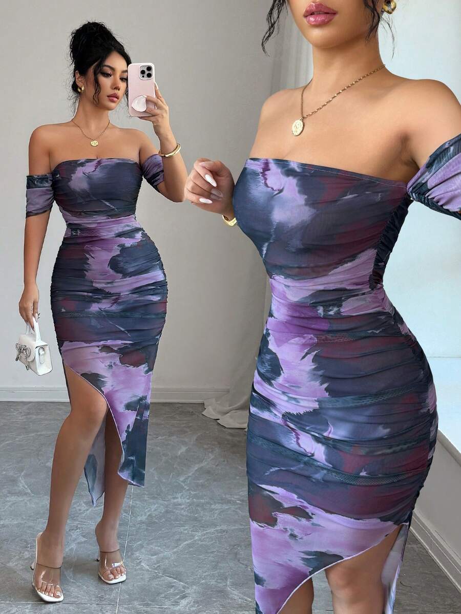 Elenzga 女士优雅露肩扎染开衩修身连衣裙，秋季女士长款套装 - 淺灰紫 - 查看 1