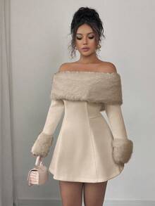 Elenzga 女士优雅狐狸图案露肩收腰长袖连衣裙，秋冬款 - 杏色 - 查看 5