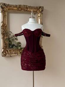 Lovelzi Váy ôm sát hở vai, thanh lịch, lãng mạn, thời trang, màu đỏ rượu vang, vải co giãn, cắt may chắp vá, thích hợp cho kỳ nghỉ, lễ hội âm nhạc, tiệc sinh nhật, đám cưới, tiệc trà chiều, tiệc cocktail - Màu tím đậm - Xem 6