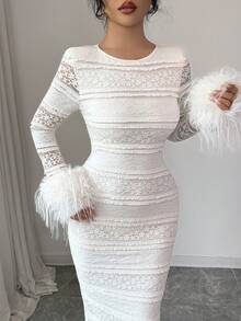Modelyn Elegante vestido largo de cuello redondo con ribete de piel de imitación beige para mujer, para invierno - Albaricoque - Ver 6