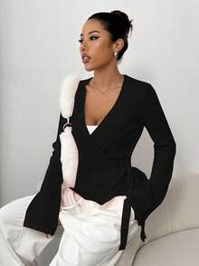 Flirla 系带宽松休闲百搭女式开衫 - 黑色 - 查看 8