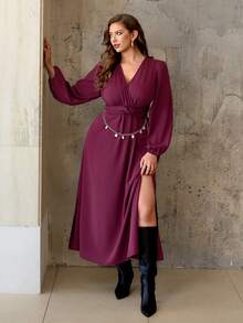 Roveilla Vestido maxi de manga larga con abertura lateral, talle alto con pliegues y ajuste en la cintura, estilo cruzado, elegante y vintage, apropiado para oficina, casual, fiesta, Halloween, Navidad, Acción de Gracias, tarde de té, Año Nuevo, para mujer de talla grande, color rojo Angola