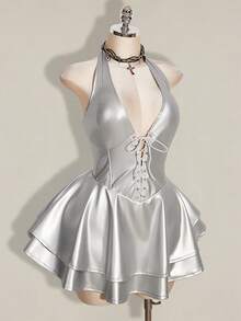 SHEIN ICON 大码Y2K时尚辣妹演唱会女装俱乐部派对节日锐舞装Y2K外出交叉绑带PU皮革露背迷你吊带黑色连衣裙 - 銀色 - 查看 5