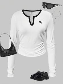 SHEIN ChillGRL Teen GirlCasual Versatile Short Sleeve V-Neck Button Front Top, Suitable For Walking, Shopping, Work, School, Travel, Can Be Paired With Jackets, Vests, Pants, Sweatpants - White - View 6