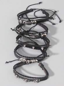 ROMWE Grunge Punk Bộ 5 chiếc vòng tay da PU đính hạt hình ngôi sao năm cánh phong cách Hippie cổ điển dành cho nữ, thích hợp đeo hàng ngày và lễ hội - màu đen - Xem 3