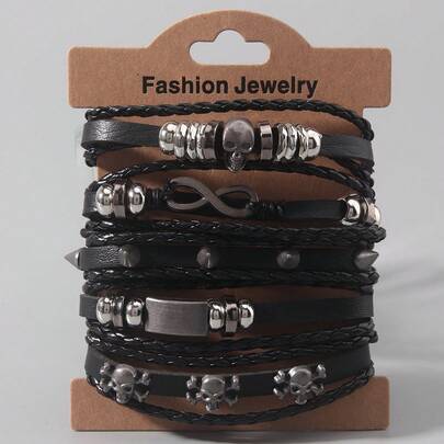 ROMWE Grunge Punk 5 قطع/مجموعة أساور جلدية بنمط هيبي رجعي مزينة بالخرز والأجنحة والنجمة الخماسية للنساء، مناسبة للارتداء اليومي والمناسبات