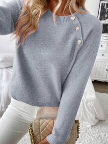 Elenzga Áo len nữ có thiết kế cổ và nút bất đối xứng - Màu Xám nhạt - Xem 3