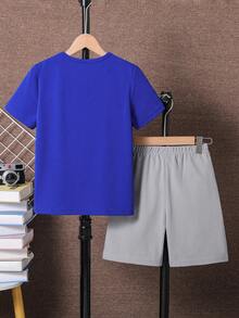 SHEIN Fantacosmos 2pcs Tween Boy Summer Casual Colorblock Slogan Print T-Shirt And Shorts Set - Blue - View 2