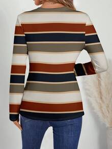 EMERY ROSE Women's Striped Contrast Color Retro Print V-Neck Long Sleeve T-Shirt, Suitable For Autumn/Winter, Matching, Outdoor, Work Commute, Airport, Party, Chic - Multicolor - View 2