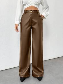 EURMUSE Gold Button Detailed Straight Fit Leather Pants - Mocha Brown - View 7