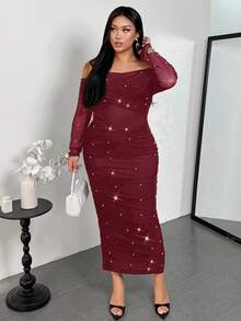 Firerie Váy maxi trễ vai màu đỏ tía thanh lịch đính ngọc trai nhún bèo tôn dáng, lãng mạn cho ngày lễ tình nhân dành cho nữ cỡ lớn - Màu Đỏ Sâu - Xem 5