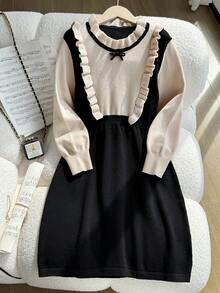 女童荷叶边下摆圆领长袖A字型毛衣连衣裙，适合假日、度假和日常休闲穿着。 - 黑色 - 查看 3