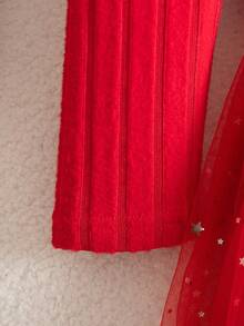 Glamorique Kids 1件装 女童秋冬新款高领泡泡袖串珠设计腰带蝴蝶结串珠星月网纱下摆优雅红色罗纹面料派对生日通勤薄纱公主裙 - 紅色 - 查看 4