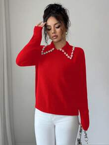 SHEIN Elenzya Aniusta 女士秋冬休闲上衣，适合度假、独立日、劳动节、哥伦布日、感恩节、情人节、复古街头风、斯德哥尔摩风、韩式风，优雅百搭，也适合约会、工作、教师、返校、哥特风、办公室穿着、商务休闲等场合，领口饰有装饰针织衫。 - Fiery Red - 查看 5
