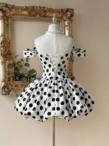 Lovelzi 优雅的法式里维埃拉风格波点扭褶露肩美人鱼露背可调节系带南瓜花苞迷你连衣裙，适合各种场合的女士正式礼服，网纱正式连衣裙 - 彩色 - 查看 2