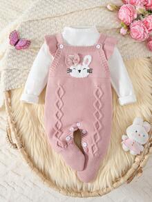 SHEIN Baby Girls' Comfortable Jumpsuit With Cap Sleeves, Bib Pants, Suitable For Autumn/Winter, Newborn, Featuring Cable Knit Cartoon Rabbit Design, Bow Accent, Elegant & Versatile, Suitable For Home, Outings, Travel, Daycare