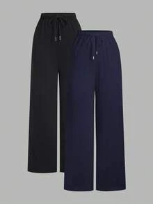 Flirla Petite 2件套女士纯色直筒裤套装 - 藏蓝色 - 查看 3