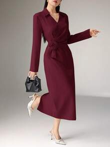 Heiryn Elegante vestido floral con cuello fruncido, cintura plisada y escote en V, estilo elegante y sofisticado para el trabajo - Burdeos - Ver 2