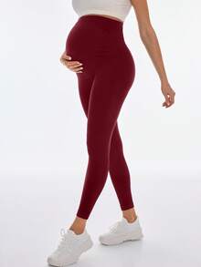 SHEIN 孕妇纯色高腰修身透气速干七分裤 - 酒紅色 - 查看 3