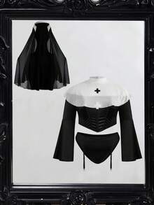 Fantasy Costume Fantasy Costume 大码女士性感内衣套装，包括长袖露肩上衣、低腰吊袜带内裤、披肩和头饰（4件套） - 黑與白 - 查看 1