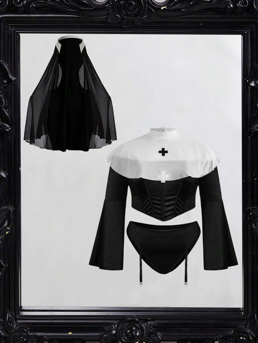 Fantasy Costume Fantasy Costume 大码女士性感内衣套装,包括长袖露肩上衣、低腰吊袜带内裤、披肩和头饰(4件套) - 黑與白 - 查看 1