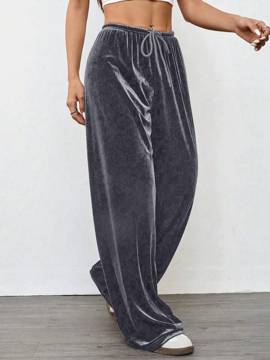 SHEIN EZwear 女士复古休闲宽松丝绒阔腿裤,灰蓝色,秋冬款 - 灰色 - 查看 1