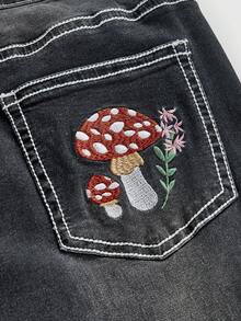 ROMWE Quần jeans denim thêu hình nấm, cây và hoa Fairycore cỡ lớn cho nữ, quần jeans nữ cỡ lớn mùa thu/đông - màu đen - Xem 5