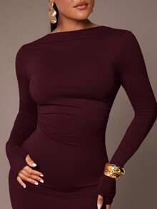 Silquee Women's Basic Slip Dress, Sexy Open Back, Waist Ruched, Skin-Friendly, Long Sleeve, Floor-Length - Maroon - View 5