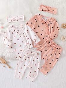 Newborn Baby Pajamas-3 Piece Pajama Set Heart Print Ruffle Kimono Long Sleeve Bodysuit And Pants Set With Headband Pink White Round Neck Long Sleeve Optional Dress Four Seasons Holiday 2026 New Year Gentle Breathable Cozy Gift Essentials - Multicolor - View 1