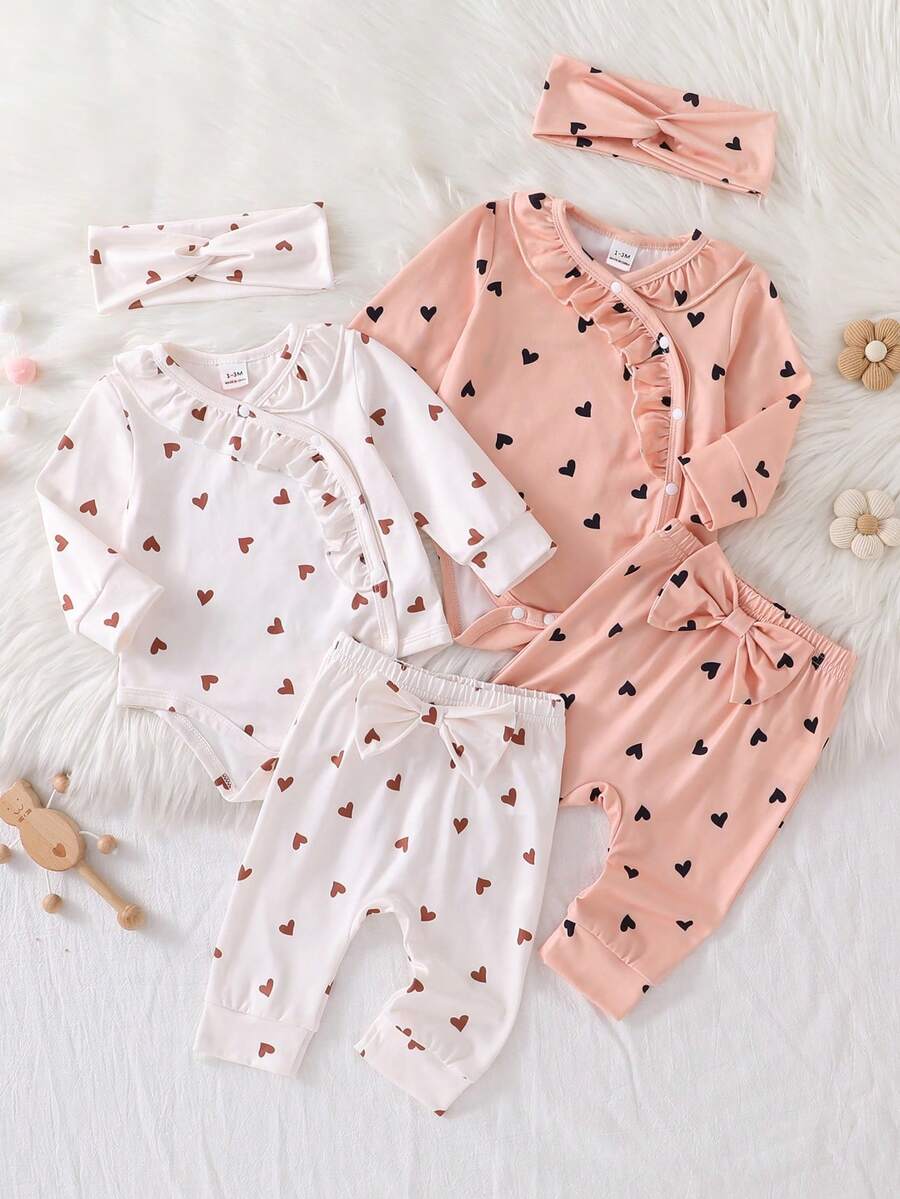 Newborn Baby Pajamas-3 Piece Pajama Set Heart Print Ruffle Kimono Long Sleeve Bodysuit And Pants Set With Headband Pink White Round Neck Long Sleeve Optional Dress Four Seasons Holiday 2026 New Year Gentle Breathable Cozy Gift Essentials - Multicolor - View 1