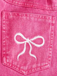 SHEIN Explorewe 2 件 Tween Girl 休闲蝴蝶结印花运动衫和刺绣直筒牛仔裤套装 - 黑色 - 查看 6